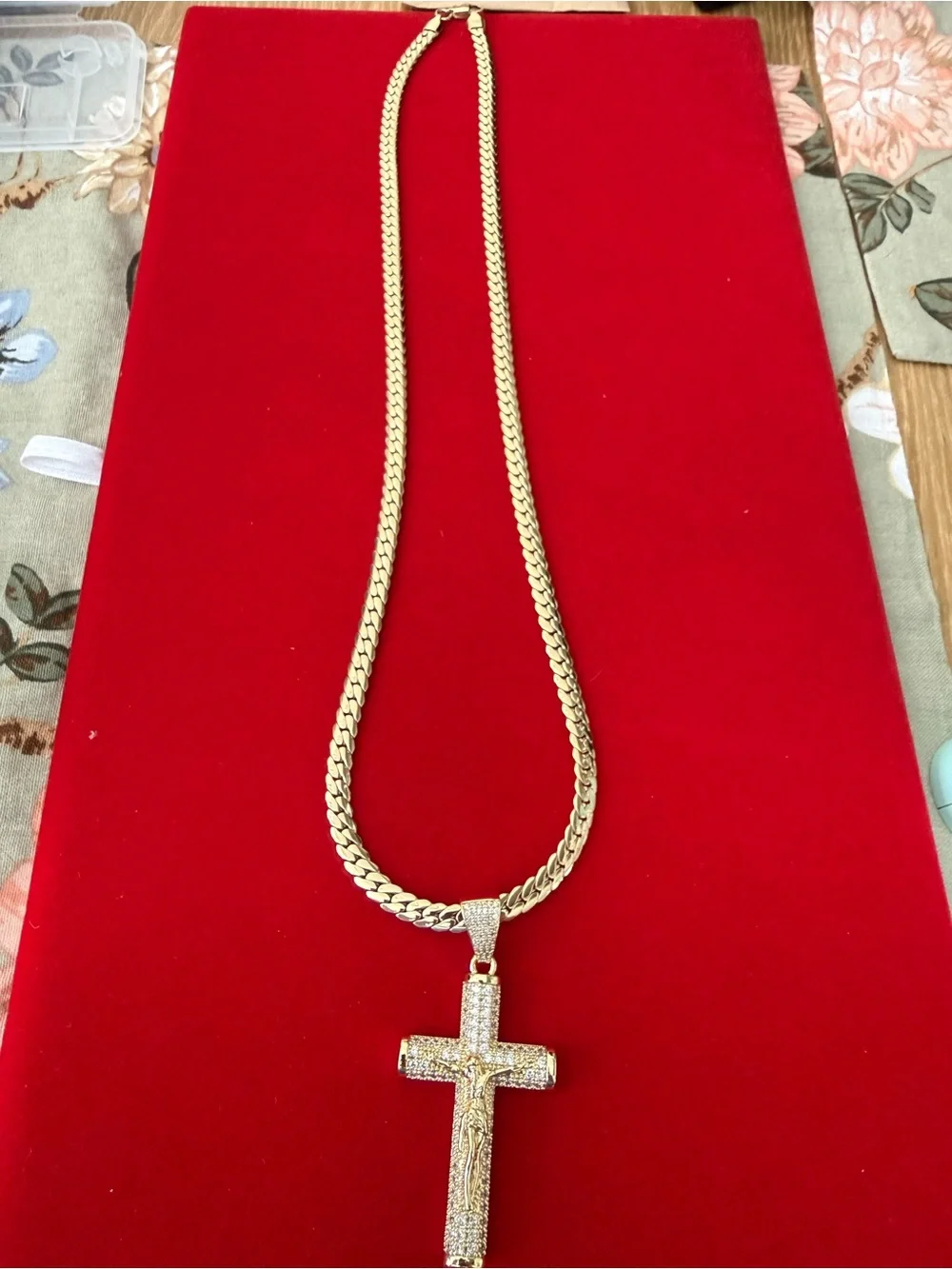 23 Inch Herringbone Cross Necklace 18k dipped, 14k stamped AAACZ